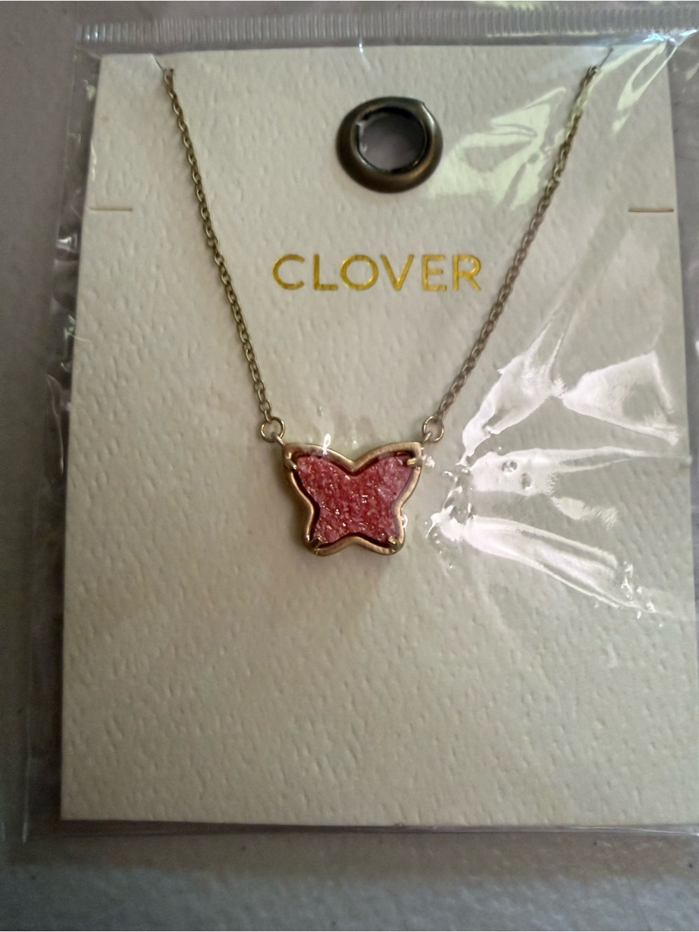 Clover Pink Butterfly Pendant Necklace